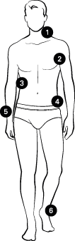 Illustration of a man with measuring points at 1. Neck, 2. Bust, 3. Waist, 4. Hip, 5. Sleeve, 6. Inside Leg